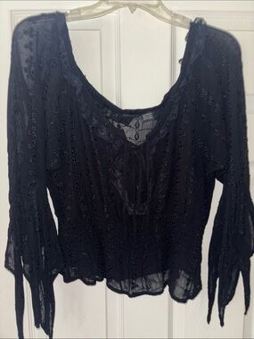 Vintage Y2K Black Women's Sheer Bell Sleeve Top